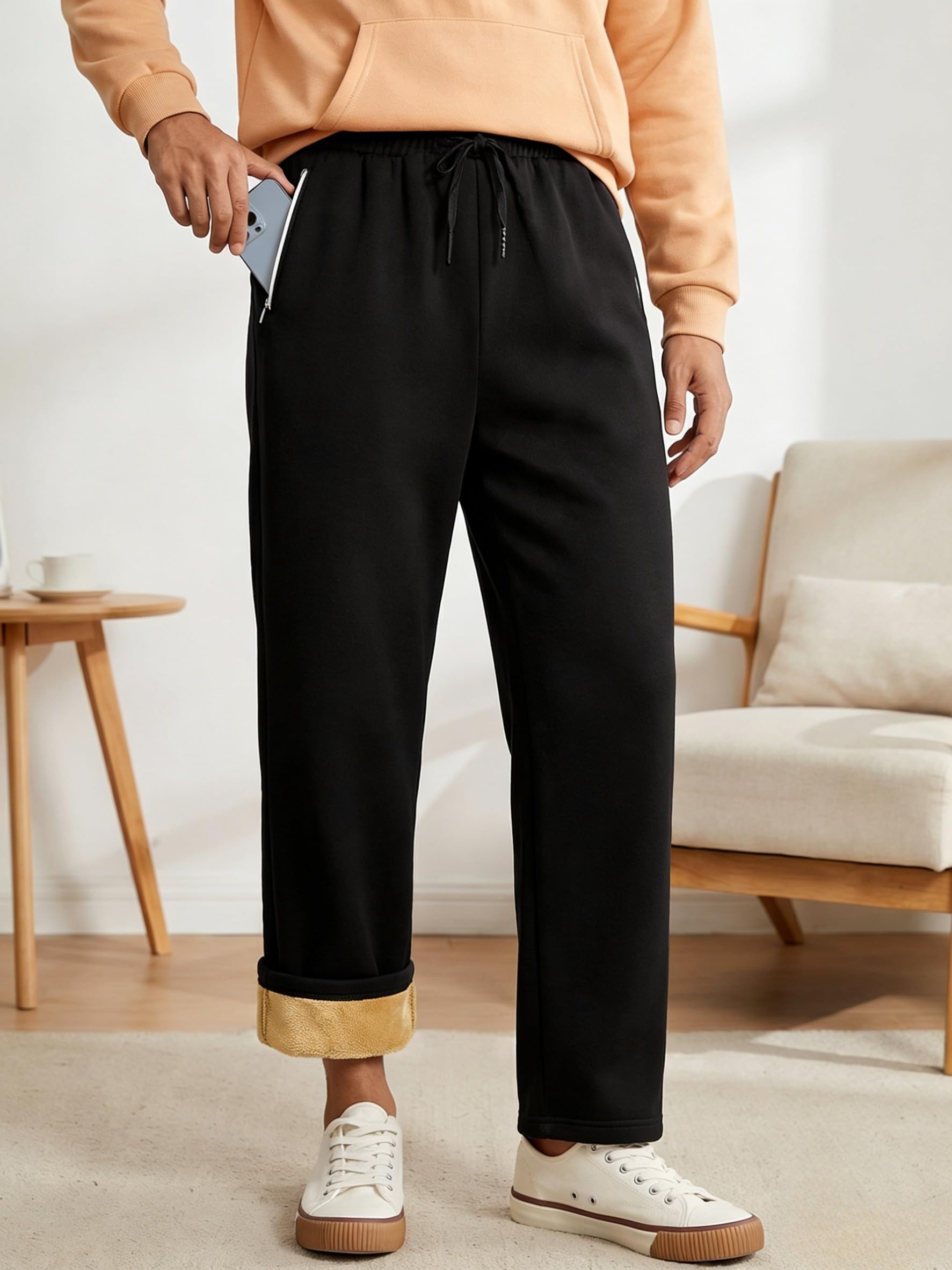 Men's Fleece Pants with Reflective Strips Zipper Pockets Sweatpants Winter Warm Casual Trousers with Drawstring Waist