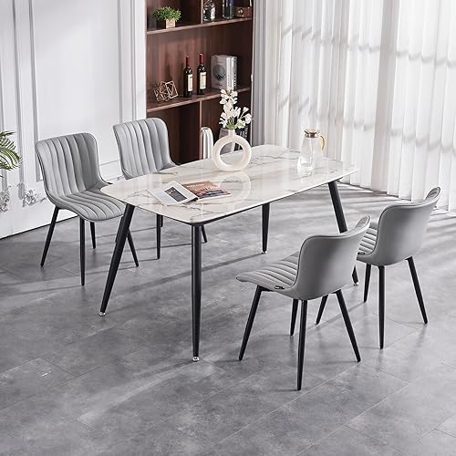 Miniatura 6 de YOUNUOKE Mid-Century - Juego de 2 sillas de comedor modernas tapizadas de piel sintética gris con patas de metal negro, silla decorativa sin brazos