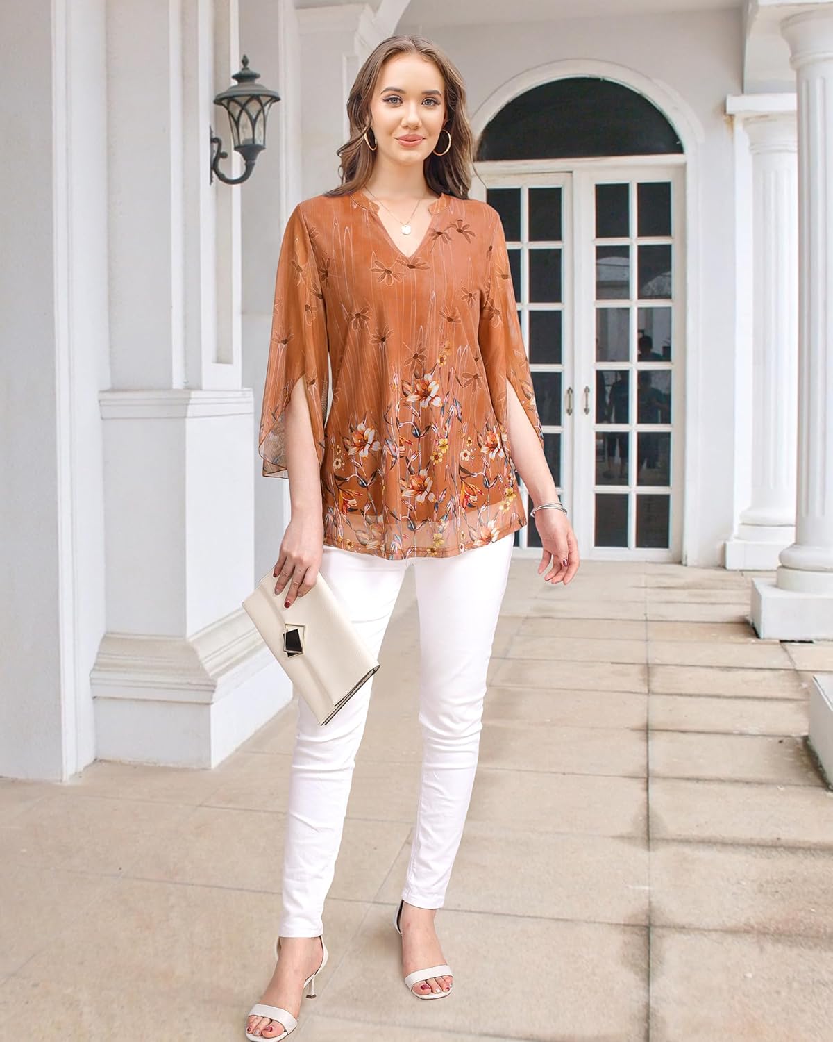 VALOLIA Women's 3/4 Sleeve Floral Tunic Tops V Neck Double Layers Loose Fit Mesh Blouses Shirt - Image 3