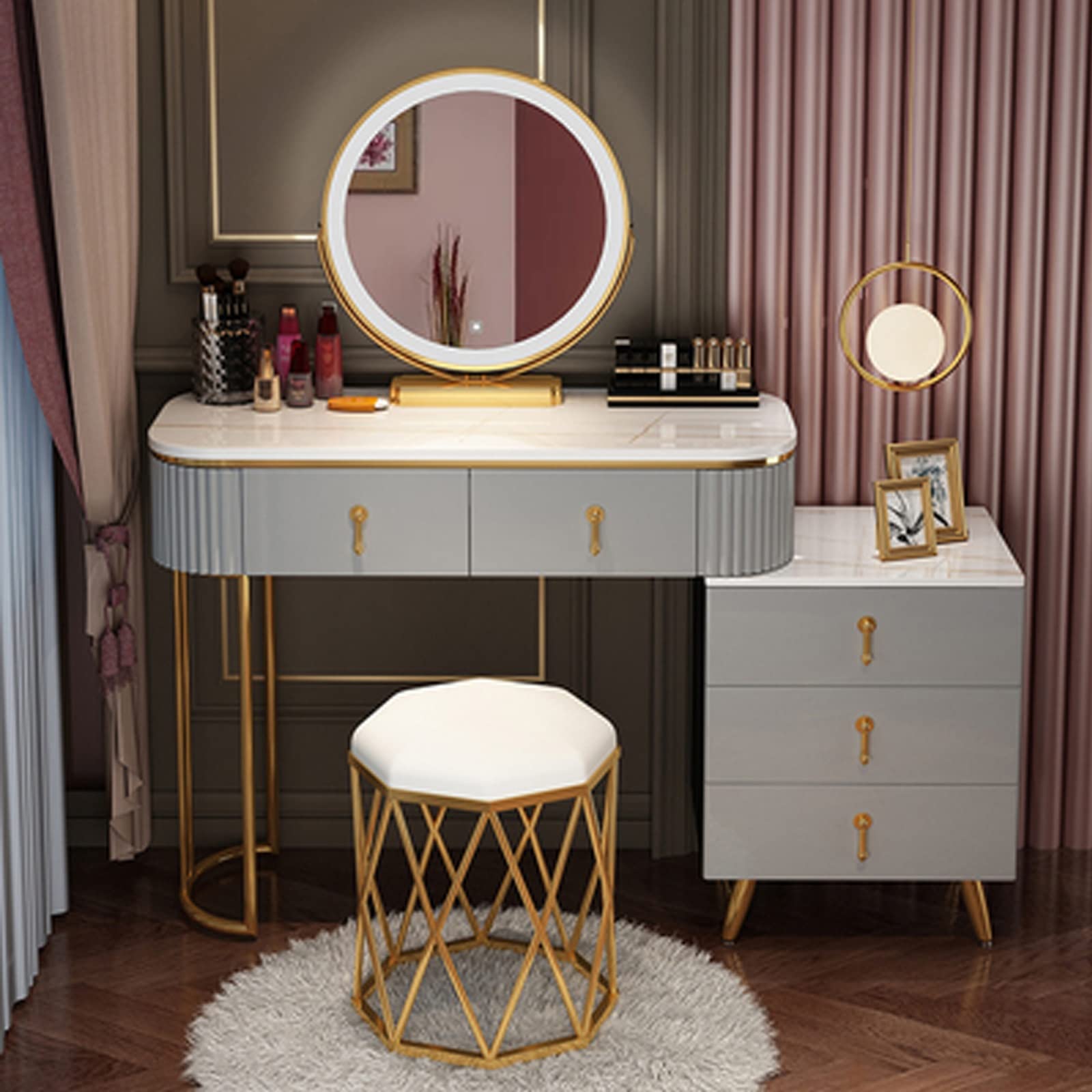 asdchZen Vanity Makeup Desk Set With Adjustable Mirror Cushioned Stool 5 Drawers Cosmetic Storage Nizer Gray+Gold 31.5 Inch,Gray+gold-80cm/31.5 inch