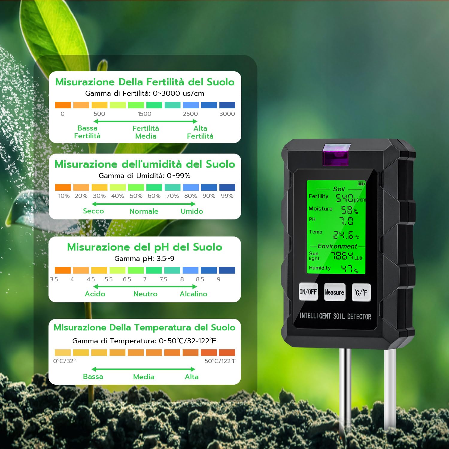 Wigearss 6 in 1 Misuratore PH Terreno, Misuratore umidità Terreno, Misuratore di Termometro Terreno, Misuratore Fertilità Terreno, Misuratore Luce Solare e Misuratore di umidità Ambientale per Piante - 3