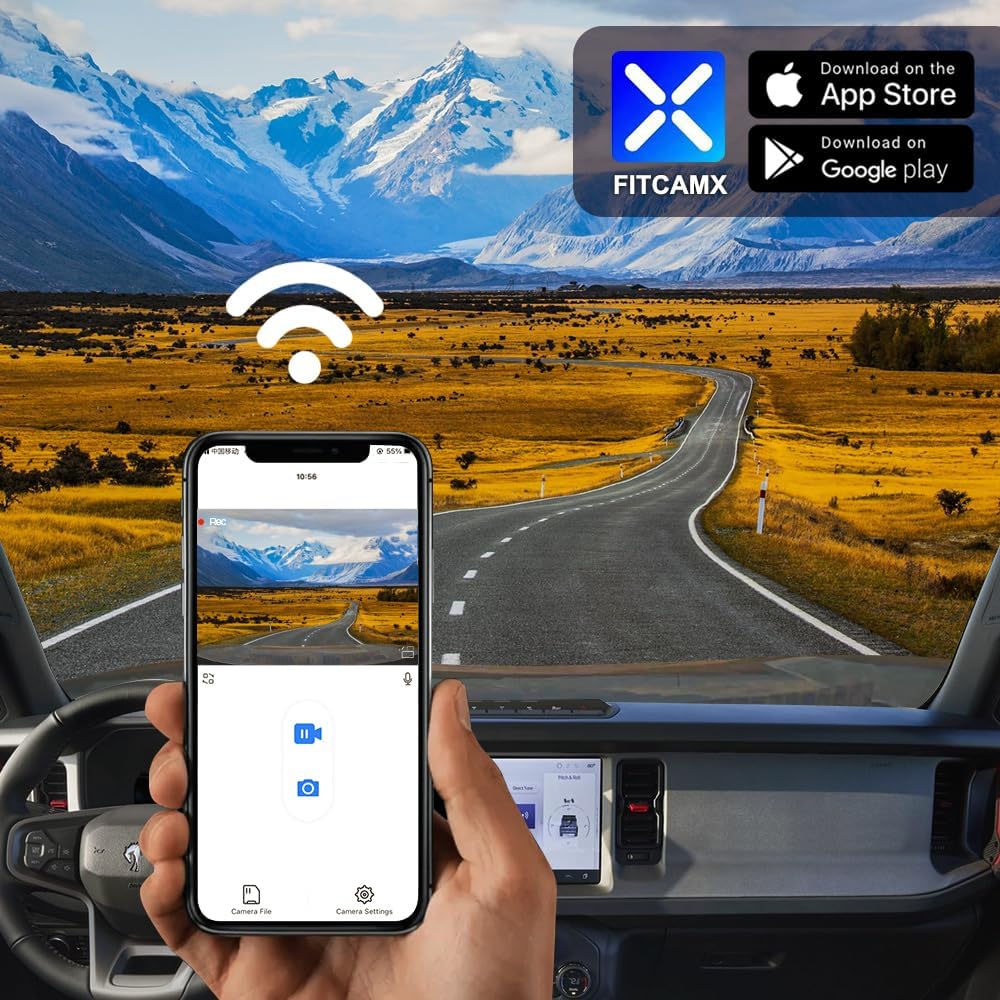 Fitcamx Front 2K+Rear 1080P Dash Cam Adapts for Ford Bronco 2025-2026 & Bronco Rapor (HD2-D8300), Integrated OEM Look, Dual HD Video, WiFi & APP, Loop Recording, G-Sensor, Easy to Set, 64GB Card