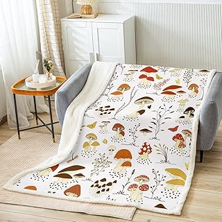 Cute Mushroom Decor Sherpa Blanket Cartoon Mushrooms Fleece Throw Blanket for Kids Room Decor Kawaii Fungus Plush Blanket Wild Mushroom Stuff Leaf Pattern Fuzzy Blanket Zipper 40
