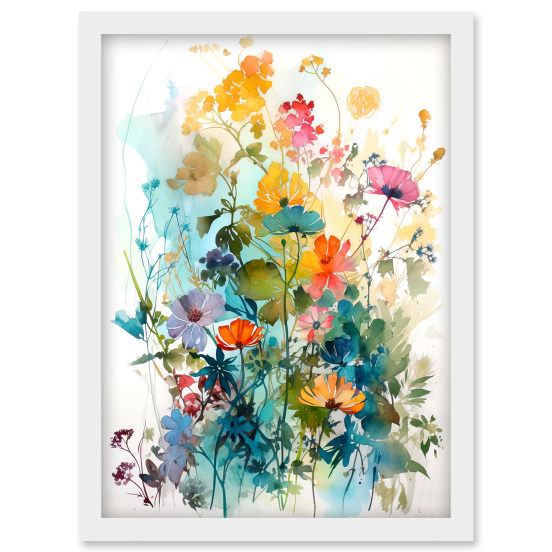 Artery8 Wild Flowers Watercolour Painting Rainbow Colour Bright Floral Spring Field Artwork Framed Wall Art Print A4