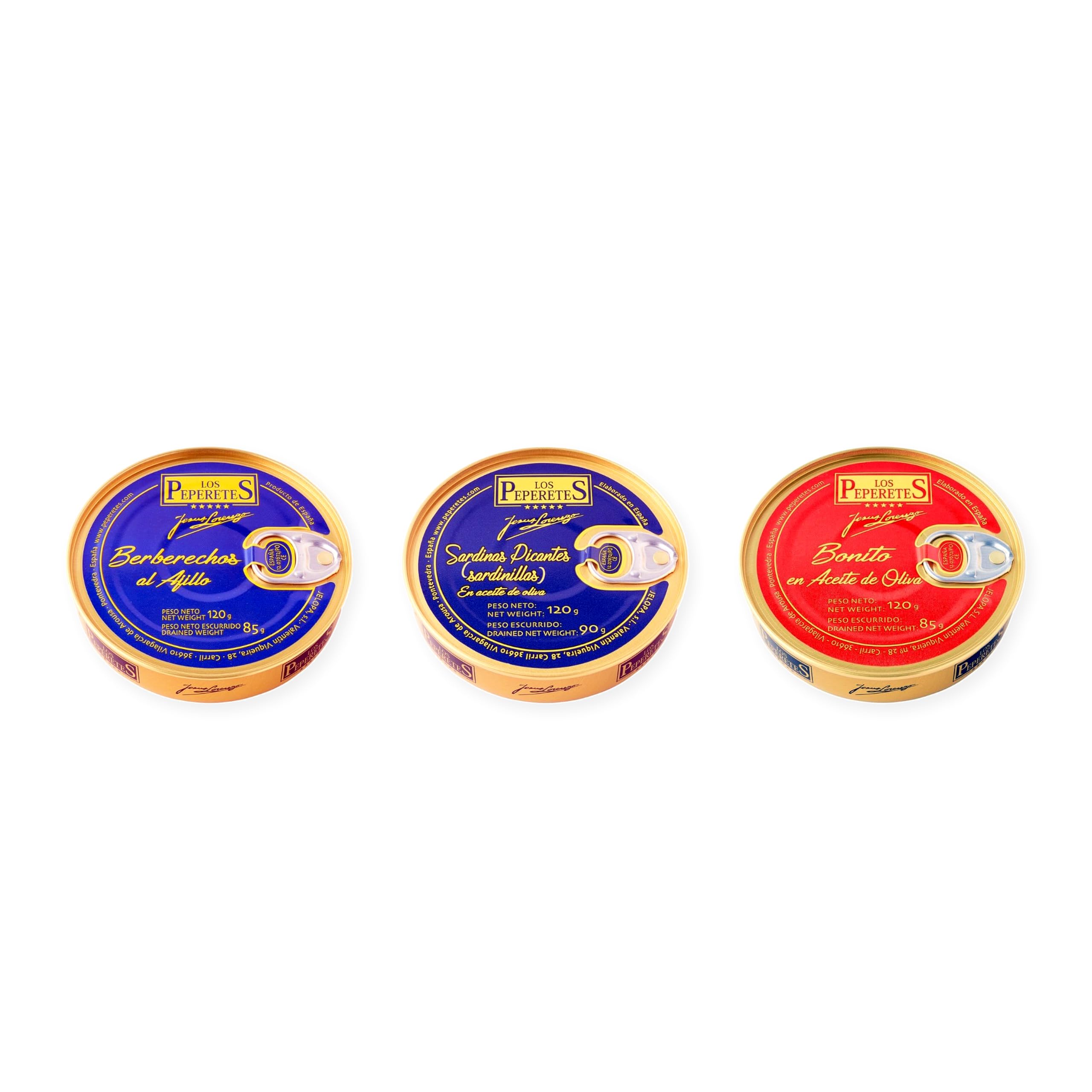 los peperetes conservas Berberechos Ajillo, Sardinillas Picantes y Bonito Aceite Oliva pack 3 latas