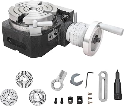 KAKA INDUSTRIAL Rotary Table with Dividing Plates, 4 inch Horizontal Vertical Milling Indexing Table, 172 Ratio, 360 Graduation, MT-2 Bore, Includes 3 Index Plates 15-49 Holes HVP-41