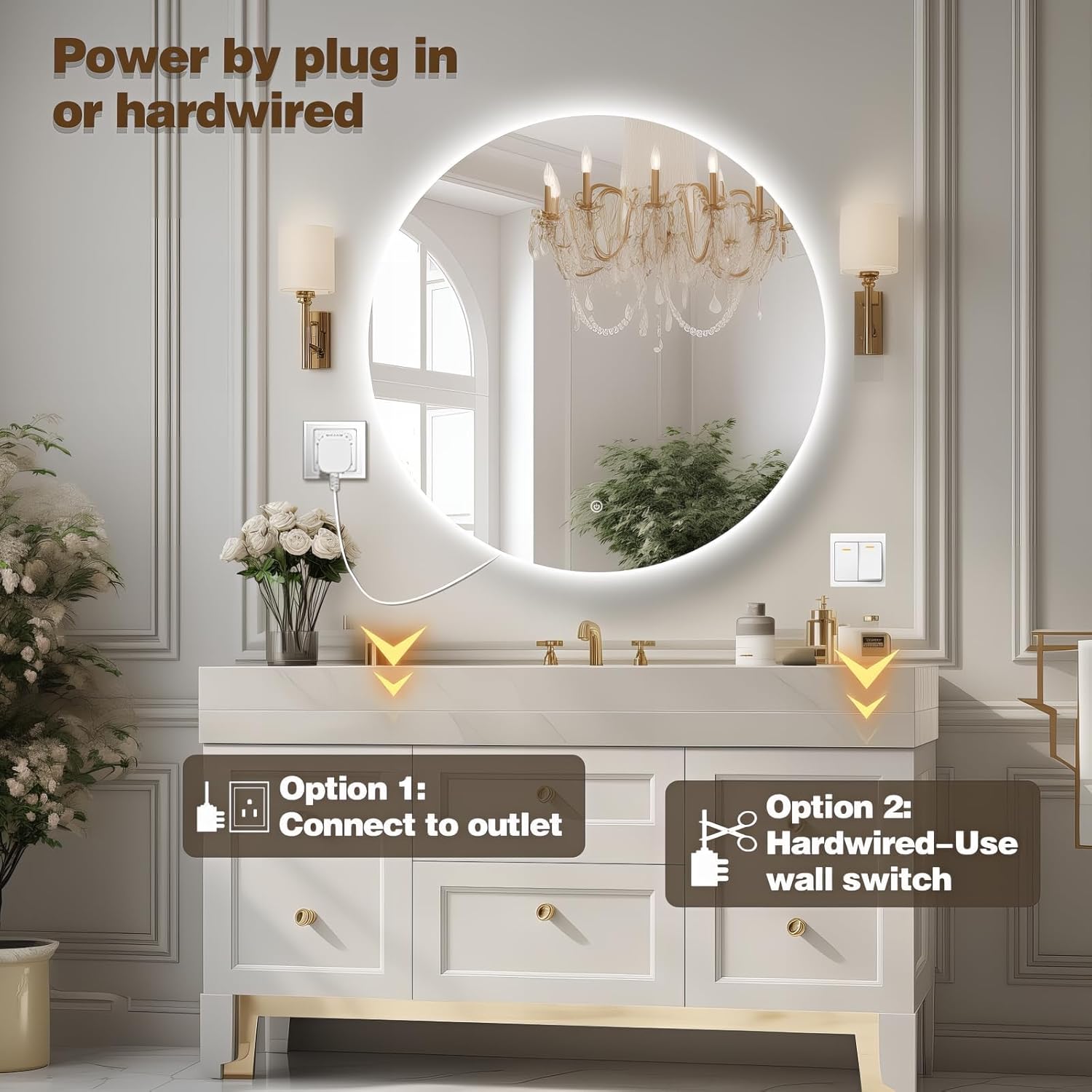 Diagram showing two electrical connection options: plug-in to an outlet or hardwire to a wall switch.