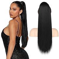 Vista 17 de Extensión de cola de caballo Flufymooz, 26 pulgadas de largo, cola de caballo recta con cordón, postizos sintéticos, colas de caballo falsas