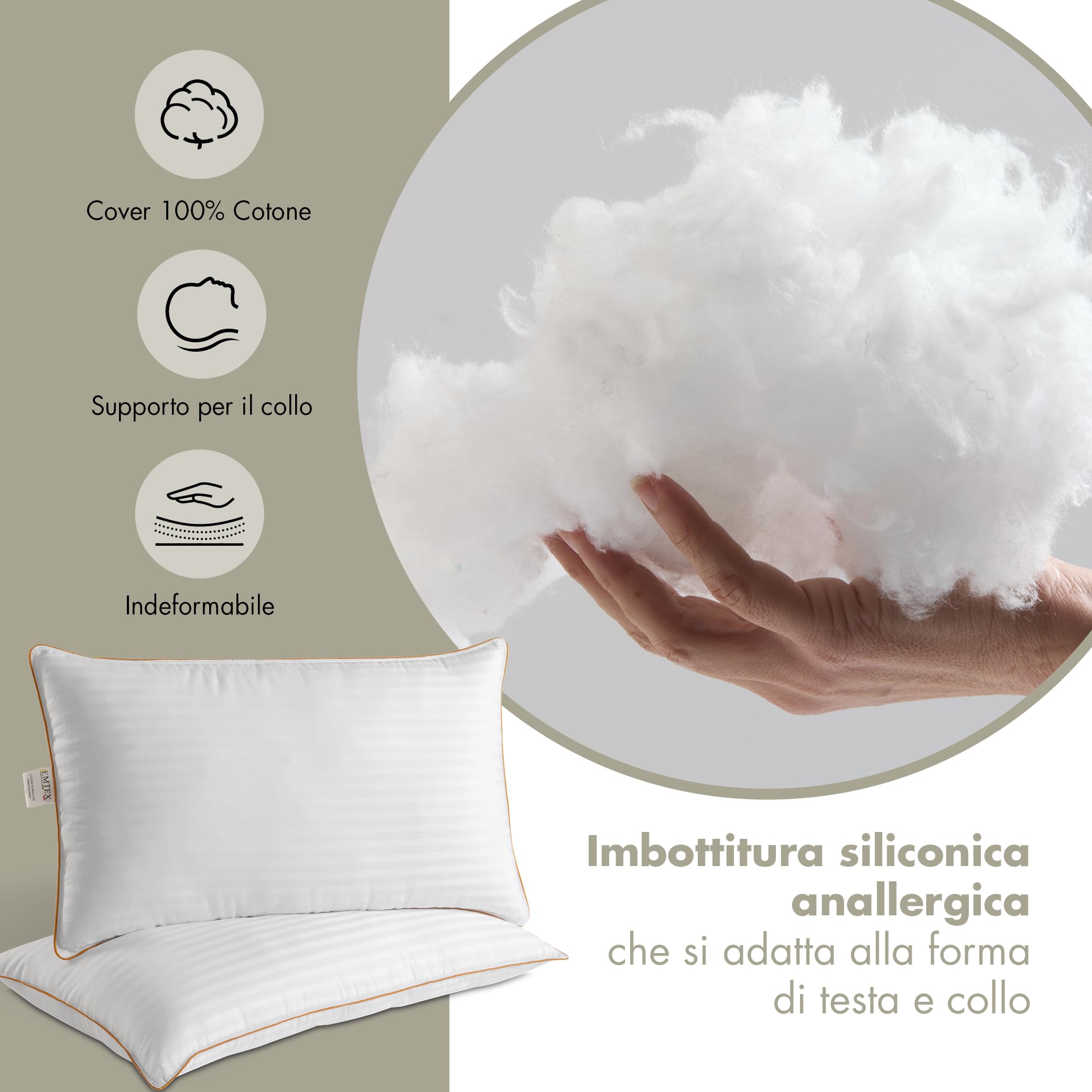 Cuscini Letto 100% COTONE ANALLERGICO Fibra Siliconica SET 2 Guanciali Morbidi e Traspiranti Cuciture Premium Made in Italy (2, CUCITURA ORO)