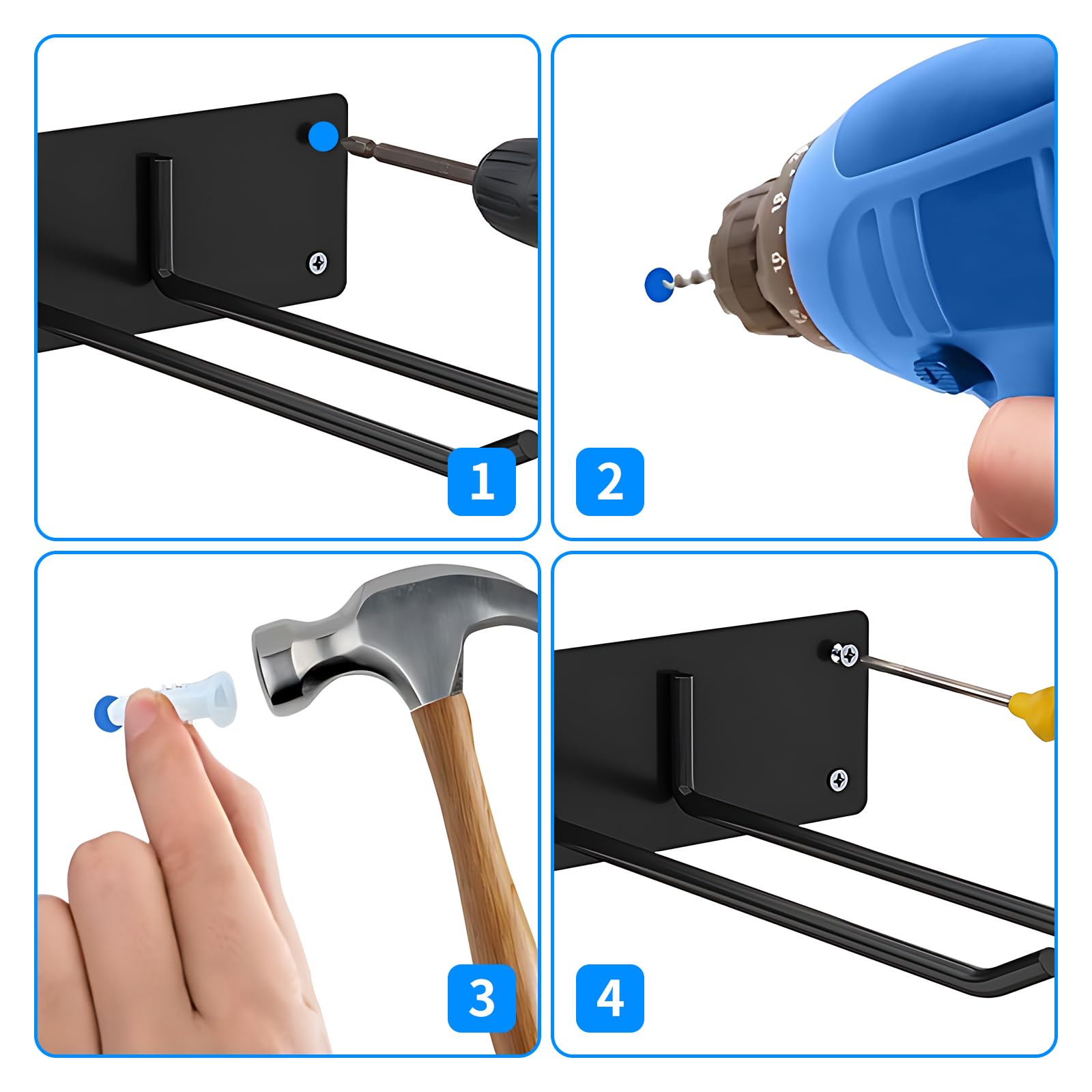 Gartengerätehalter Wandhalterung aus Metall, Werkzeughalter mit 4 Doppelhaken, stabil & belastbar, Besenhalter für Garten, Garage und Werkstatt, Schwarz