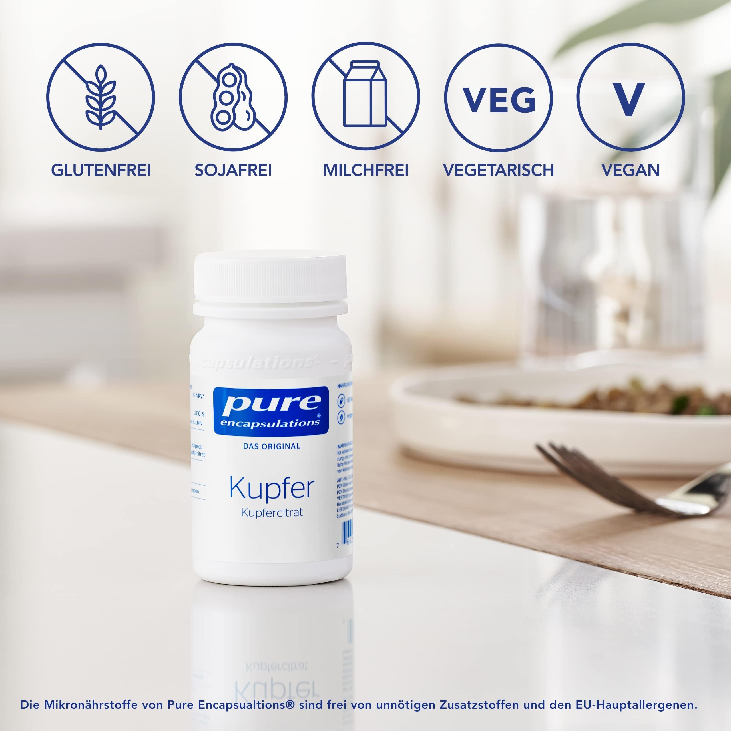 Pure Encapsulations - Kupfer (Kupfercitrat) - Spurenelement Kupfer für Haut & Haare - Immunsystem, Nevernsystem und Energiestoffwechsel - 60 vegane Kapseln