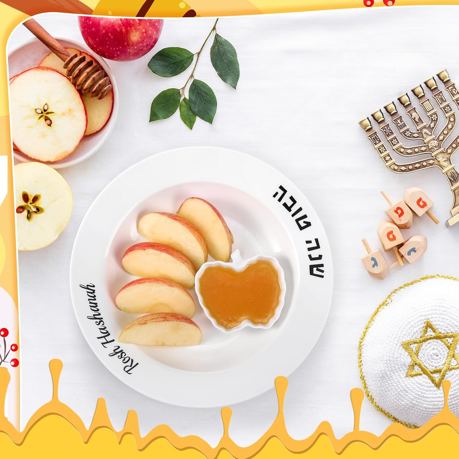 Teenyyou 10 Inch Rosh Hashanah Apple and Honey Plate and Dish Jewish New Year Hostess Party Favors Ceramic Apple Plate Wooden Honey Dipper Rosh Hashanah Holiday Gift Shana Tova Table Decorations