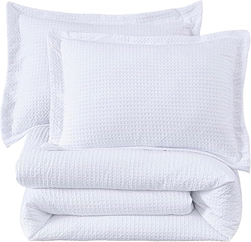 Miniatura 9 de Chezmoi Collection Wilmer - Juego de edredón de 3 piezas de tejido gofre, suave y acogedor para todas las estaciones, tamaño King, color blanco