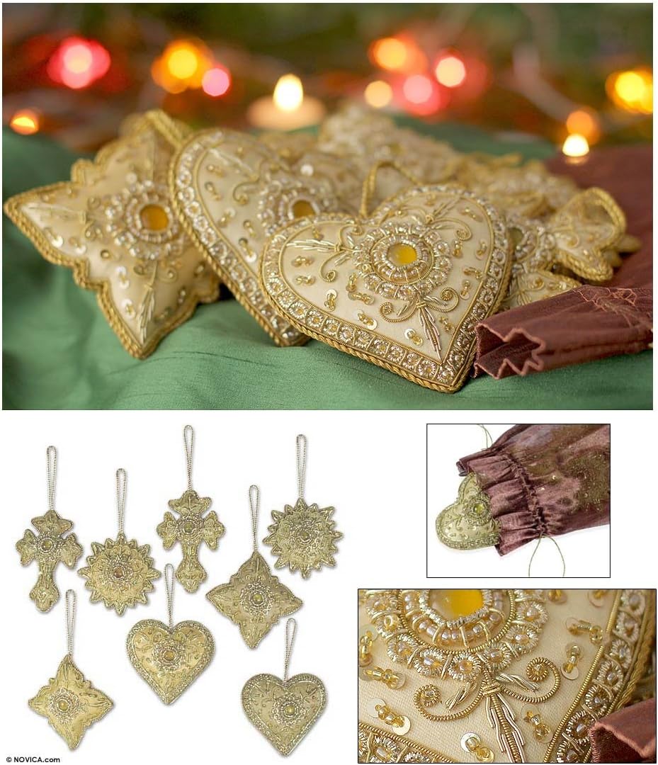 NOVICA Decorative Heart Shaped Polyester Hanging Holiday Ornaments, Assorted 'Season of Love' (Set of 6)