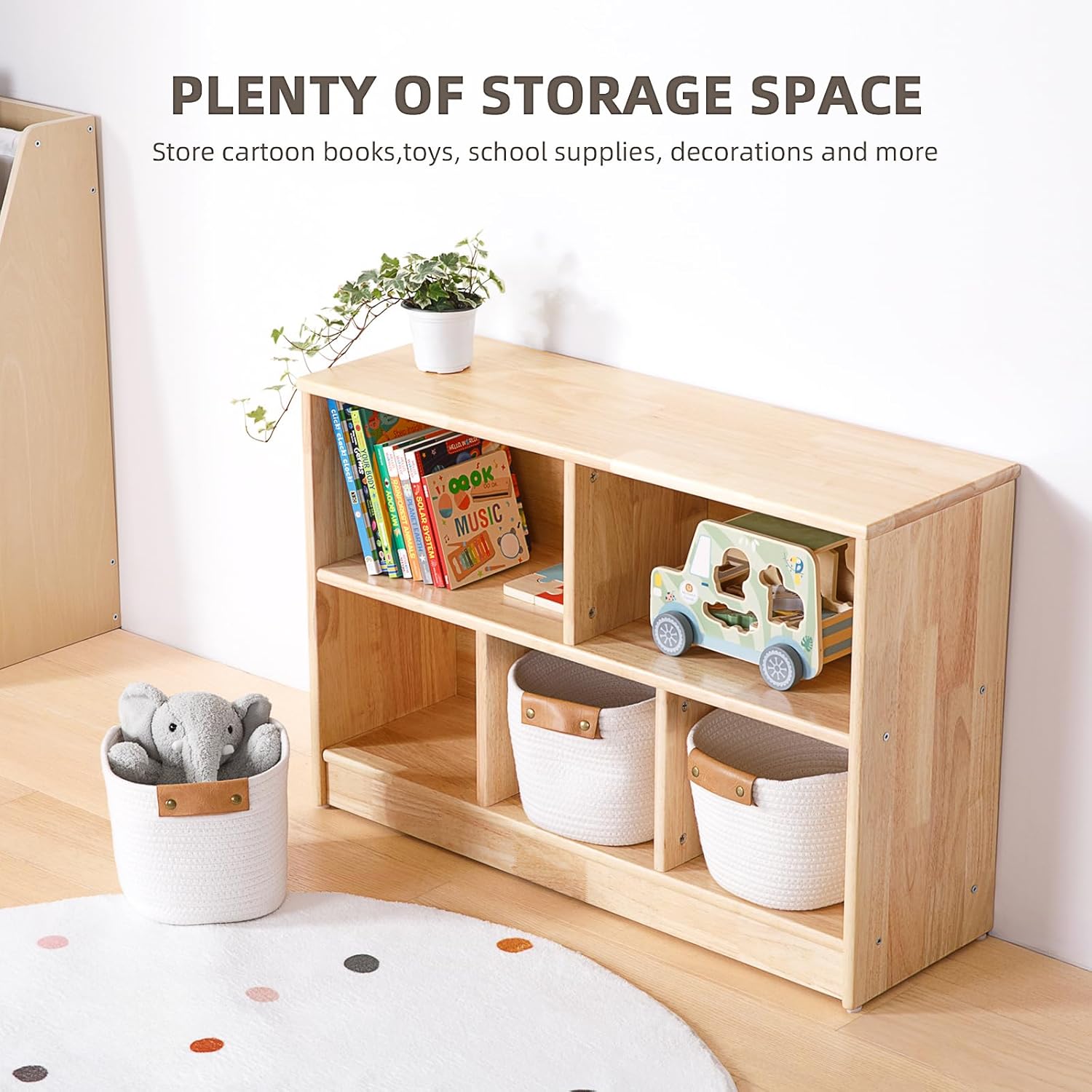 OOOK Rubber Wood 5-Compartment Montessori Shelf, 35.4" L Toddler Bookshelf, 2-Tier Wooden Storage Cabinet, Kids Classroom Organizer, Playroom, Daycare and Preschool Storage Shelves