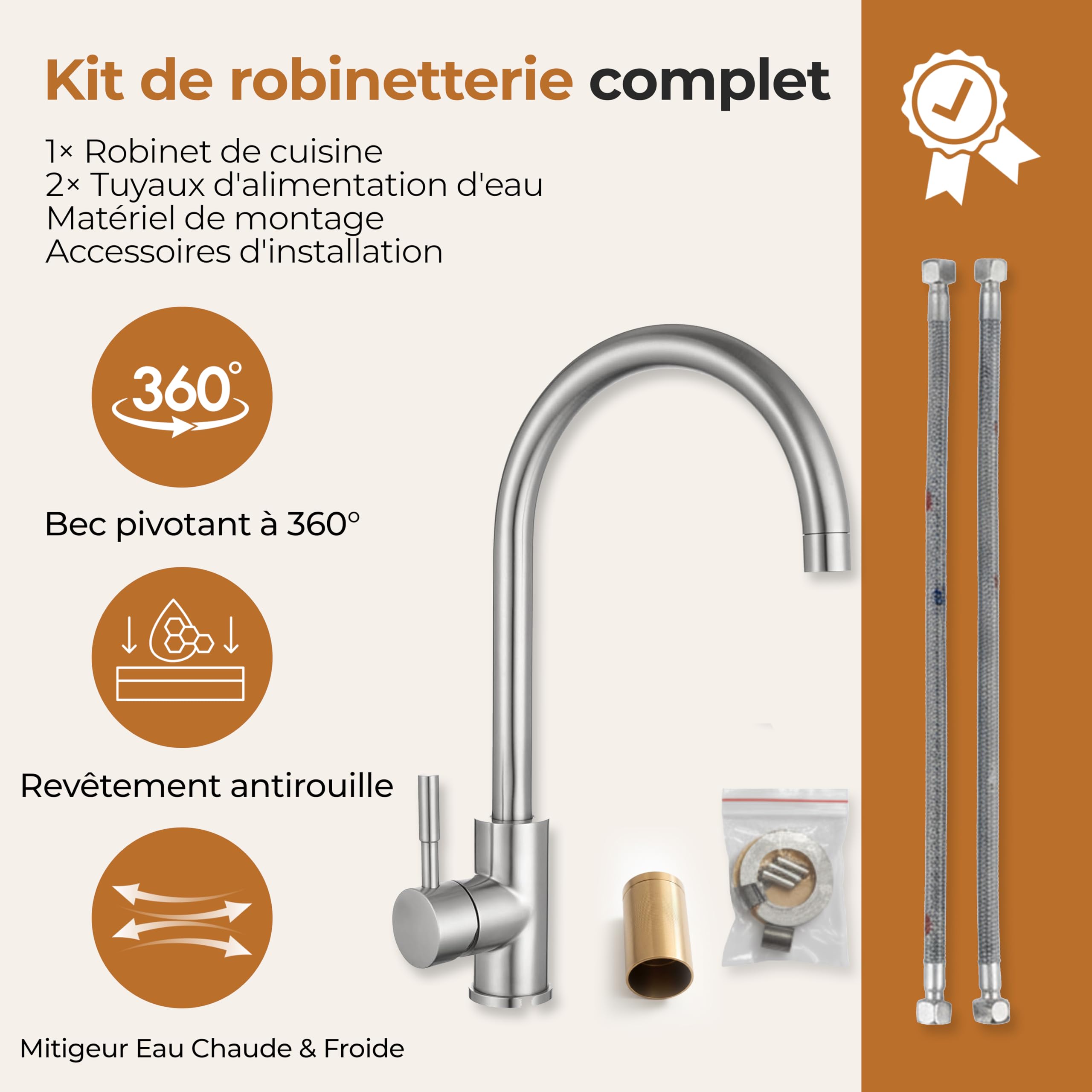MELTA Mitigeur Évier Arc Élevé Acier Inoxydable Robinet Cuisine Pivotant 360° Levier Unique Chrome Poli