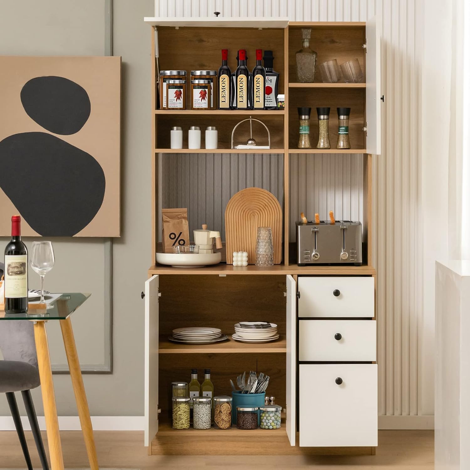 PETSITE Kitchen Buffet Hutch Storage Cabinet, 71" Freestanding Pantry with 3 Cabinets & Drawers, Adjustable Shelves, Microwave Cupboard for Living Room, Dining Room