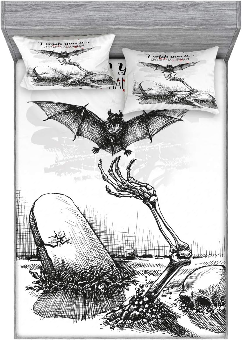 Ambesonne Halloween Fitted Sheet & Pillow Sham Set, Dead Skull Skeleton Out of The Grave and Flying Bat Hand Drawn Spooky Picture, Decorative Printed 3 Piece Bedding Decor Set, Queen, Black Ecru