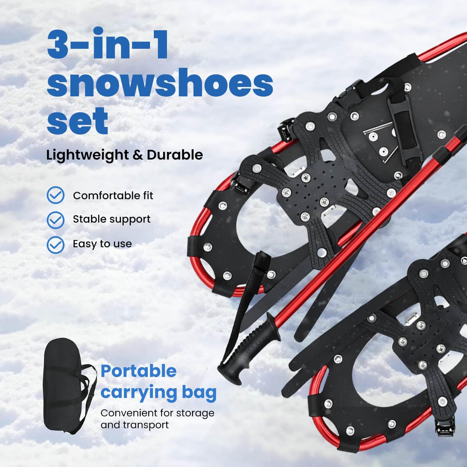 vidaXL Racchette da Neve 3 in 1 con bastoni da Trekking Rosso e Nero, Ciaspole in Alluminio per Il Giardino, Attrezzatura Outdoor Regolabile, Accessori Moderni per Camminare sulla Neve