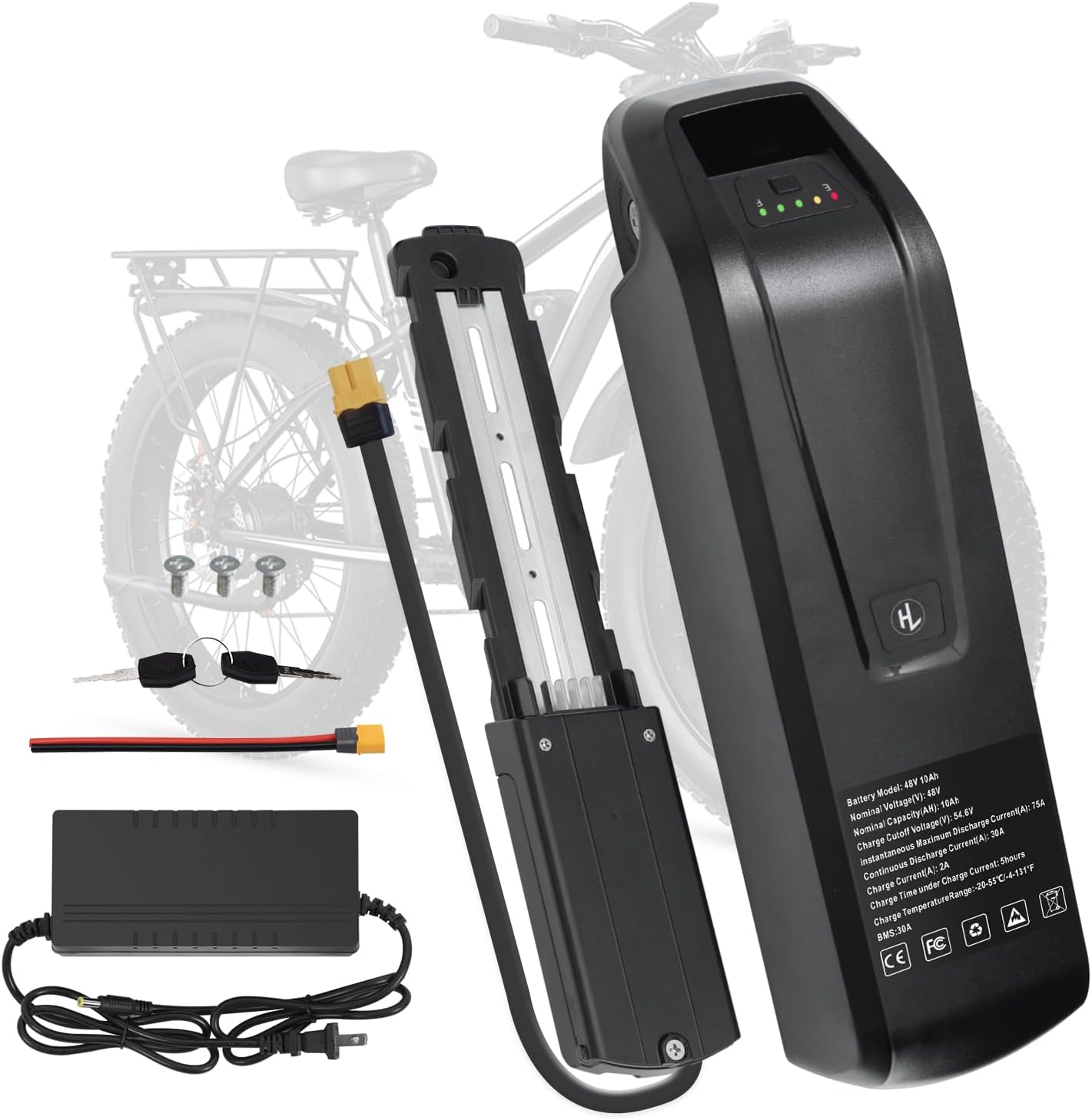 Replacement Battery for Ebike 48V, 10.4Ah/ 15.6Ah/ 20Ah Lithium Pack with BMS for 0-1800W Motor, Indicator Light, Safe Lock, USB Port, XT60 Plug (48V10.4AH-5PIN)