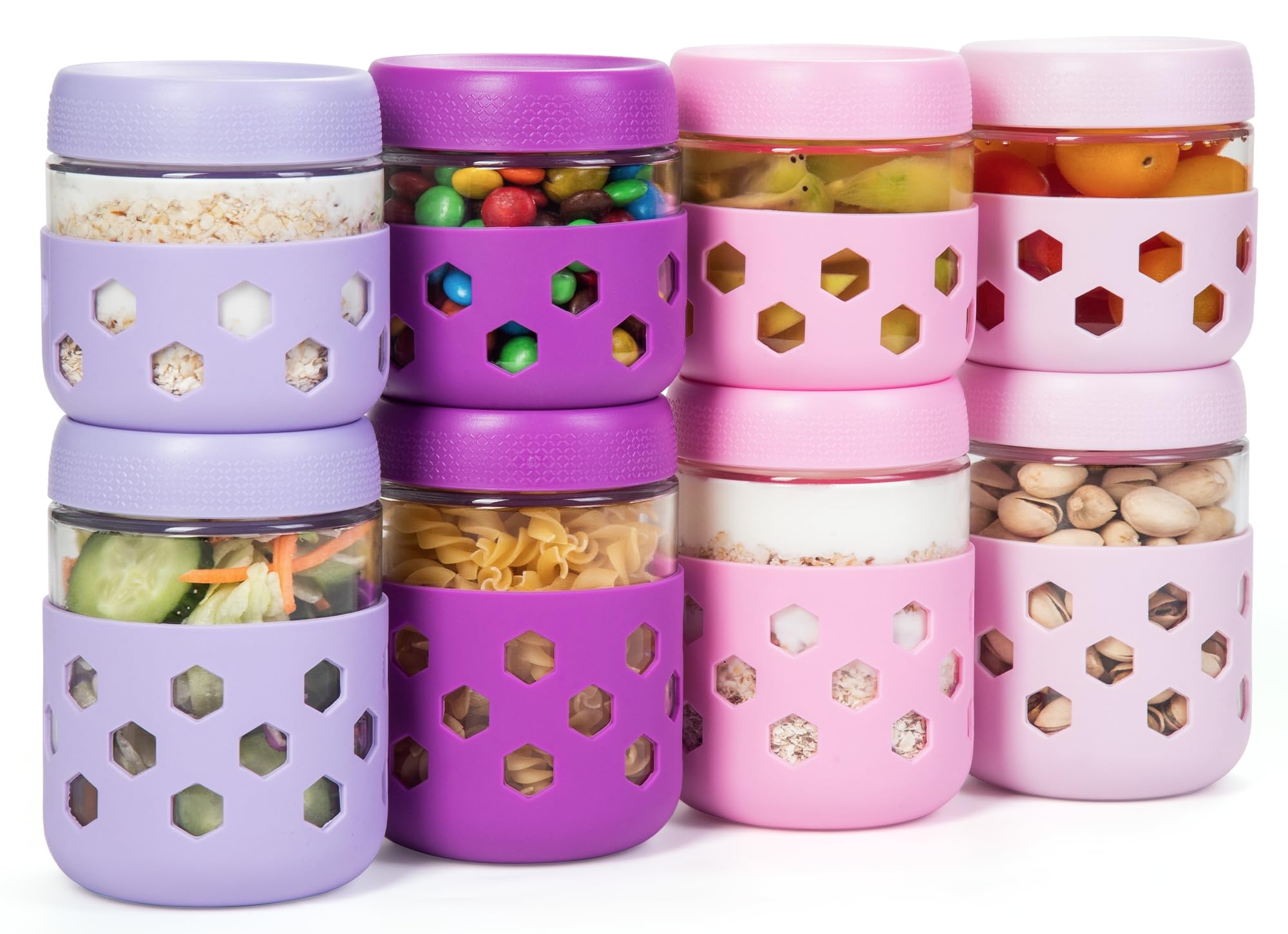 Gemice Paquete de 8 tarros de vidrio para avena nocturna con fundas de silicona, recipientes de avena de 500 ml y 300 ml con tapas, macetas de desayuno para ensalada, tarros Mason para pudín de chía