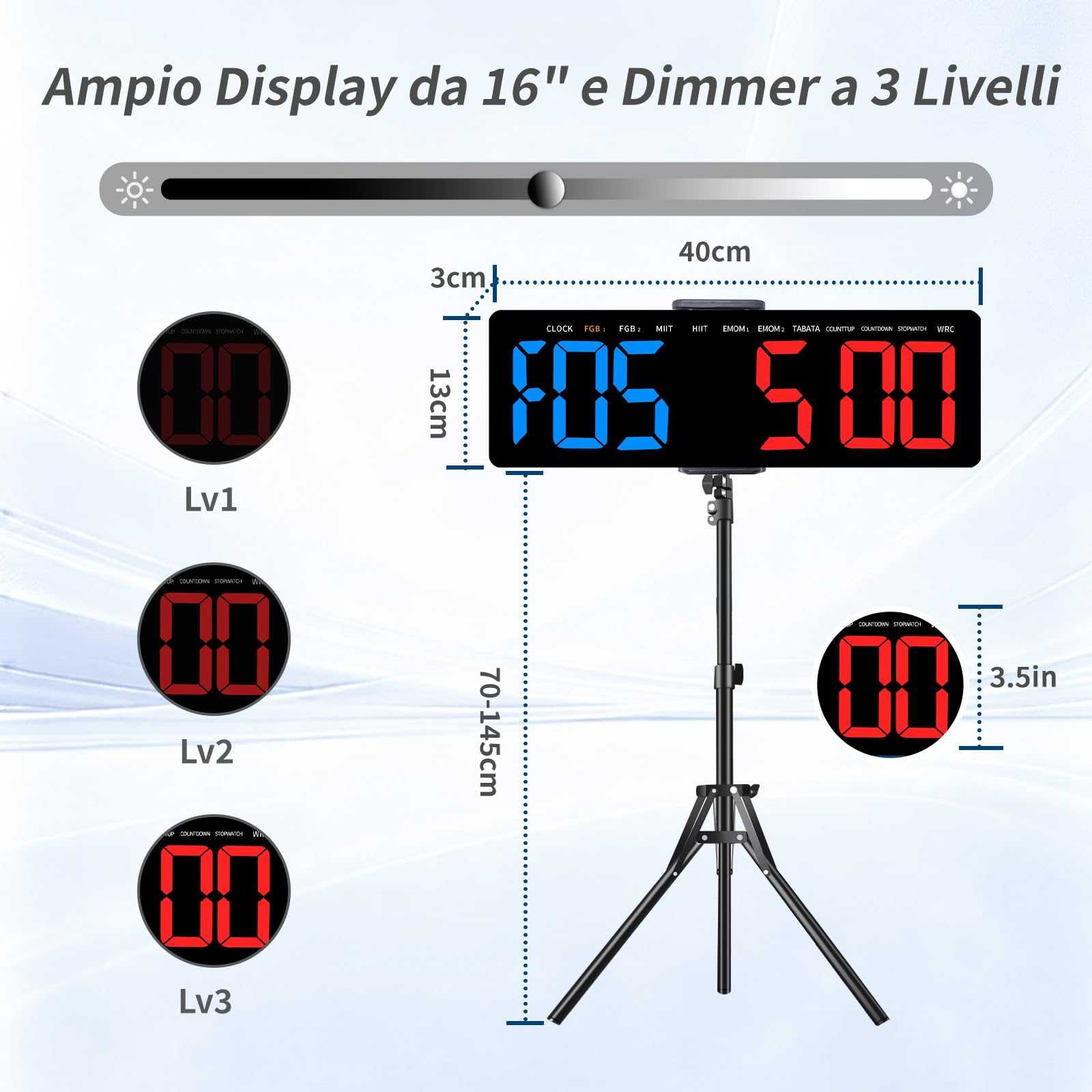 Timer da Palestra, 12/24H Orologio da Parete Digitale con Telecomando, 16'' Gym Clock con Supporto, LED Timer Allenamento a Intervallo con COUNTDOWN/UP Cronometro per Casa Garage((Blu+Rosso)