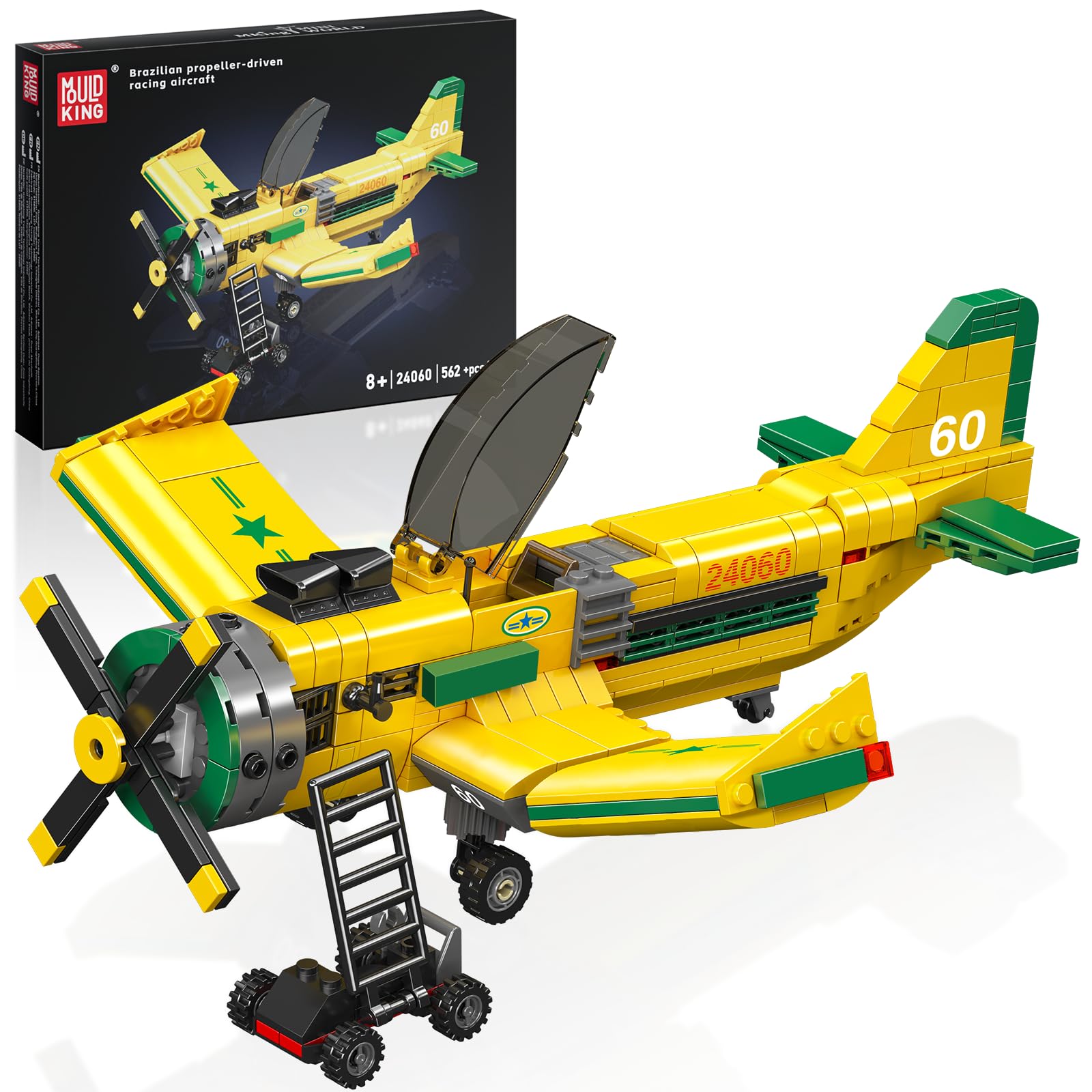 Mould King 24060 Flugzeug Bausteine Set Klemmbausteine Rennflugzeug Modell Bausteine Propellerflugzeug mit Boarding Leiter City MOC Geschenk für Erwachsene (562 Teile)