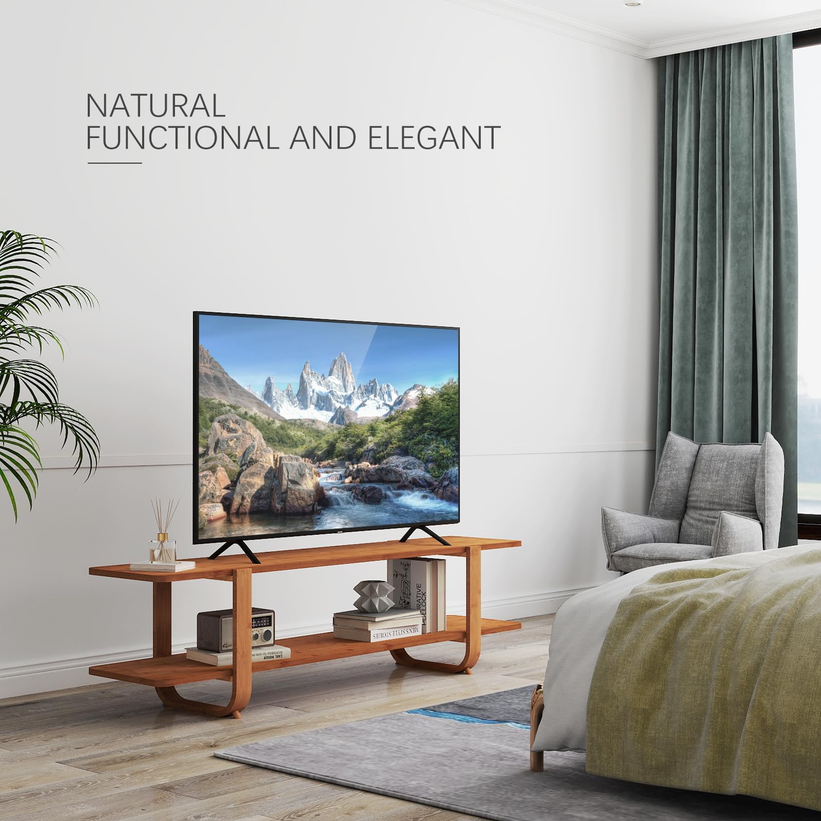 HollyHOME Mueble TV 140cm Mesa TV Salon Muebles de Salon 2 Niveles, Mueble TV Bambú Soporte para Centro de Entretenimiento, Natural-B