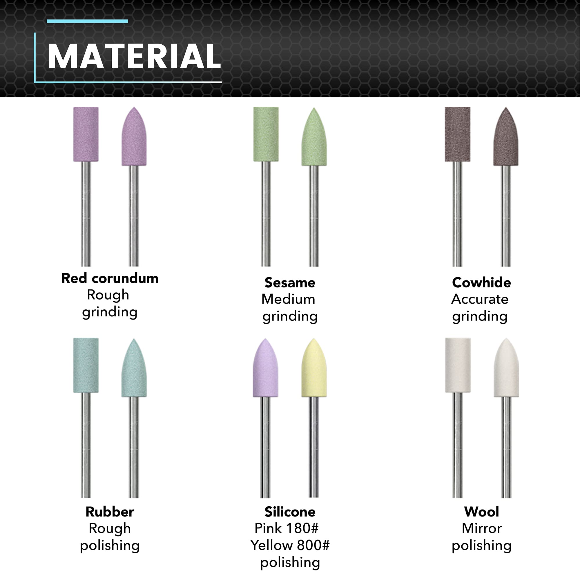 ARROWMAX 12 pezzi di punte per lucidatura a forma assortita Ruota lucidante per utensili rotanti Dimensioni gambo 2,35 mm (corindone rosso/sesamo/pelle bovina/gomma/silicone/lana)