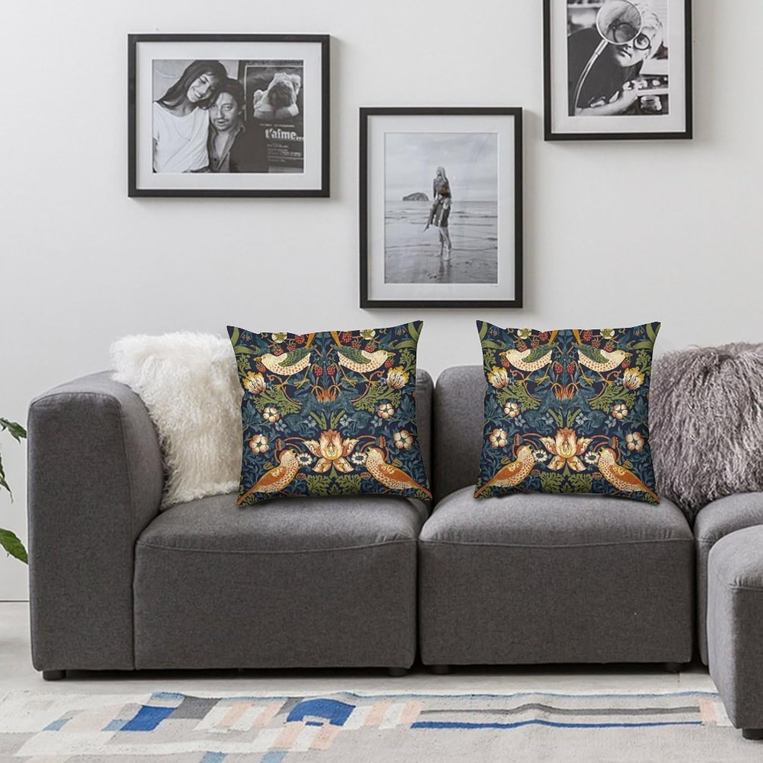 William Morris Throw Pillow Covers,Vintage Flower Bird Strawberry Thief Art Garden Square Cushion Pillowcase Set of 2 for Sofa Couch Home Decor 18 X 18 inch image 4