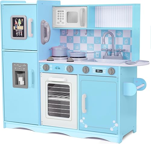 Miniatura 1 de Lil' Jumbl Juego de cocina para niños, cocina de juego de madera con tablero de tiza, teléfono de juego, toallero y dispensador de hielo, perillas