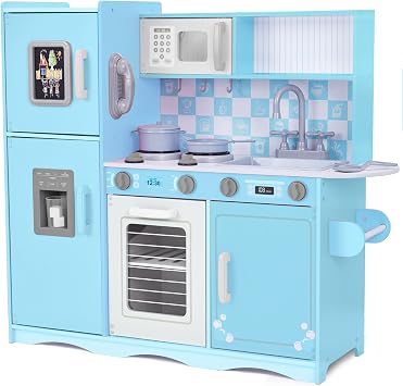 Lil Jumbl Kids Kitchen Set, Pretend Wooden Play Kitchen with Chalk Board, Play Phone, Towel Rack & Ice Dispenser, Clicking Knobs, Pots & Utensils Included - Blue