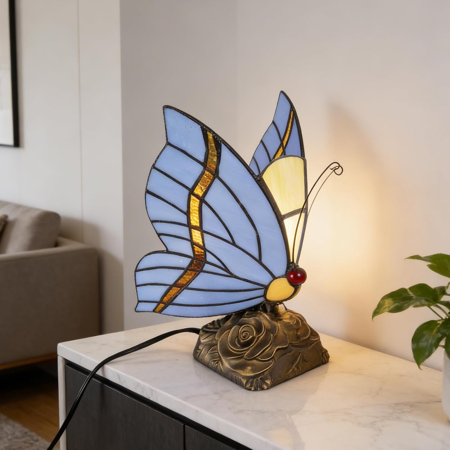 Bedside Table Lamp Blue Butterfly Nightstand Table Lamp Stained Glass Desk Lamp Night Light Colorful Vintage Look Butterfly Decor for Living Room Bedroom Office