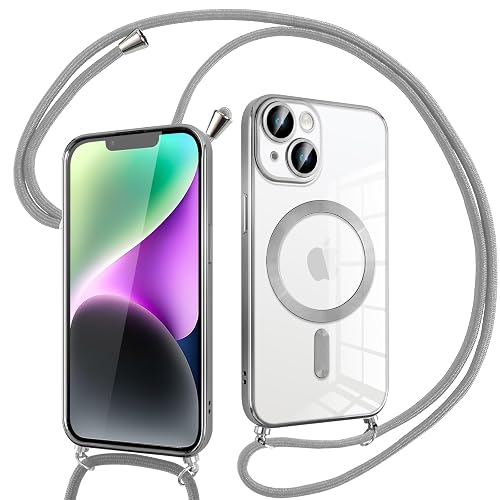 Pnakqil Funda Magnética con Cuerda para iPhone 14, Compatible con MagSafe Carga Inalámbrica con Colgar Correa, Carcasa Transparente Silicona Ultra Delgada, con Ajustable Collar, Plata