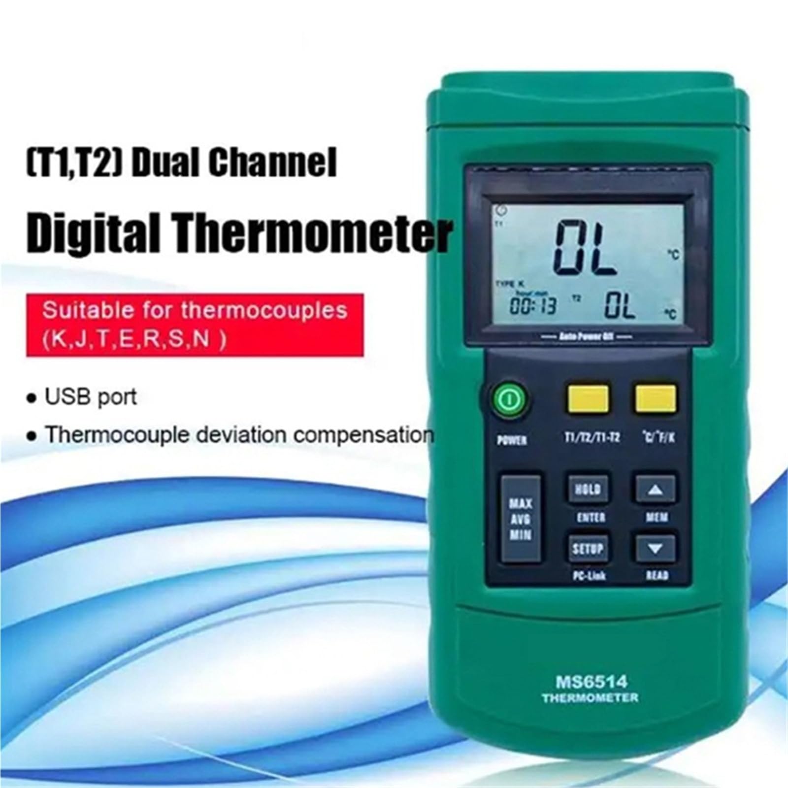 Rejestrator danych MS6514 Dwukanałowy termometr cyfrowy z rejestratorem danych i testerem czujnika temperatury termopary.
