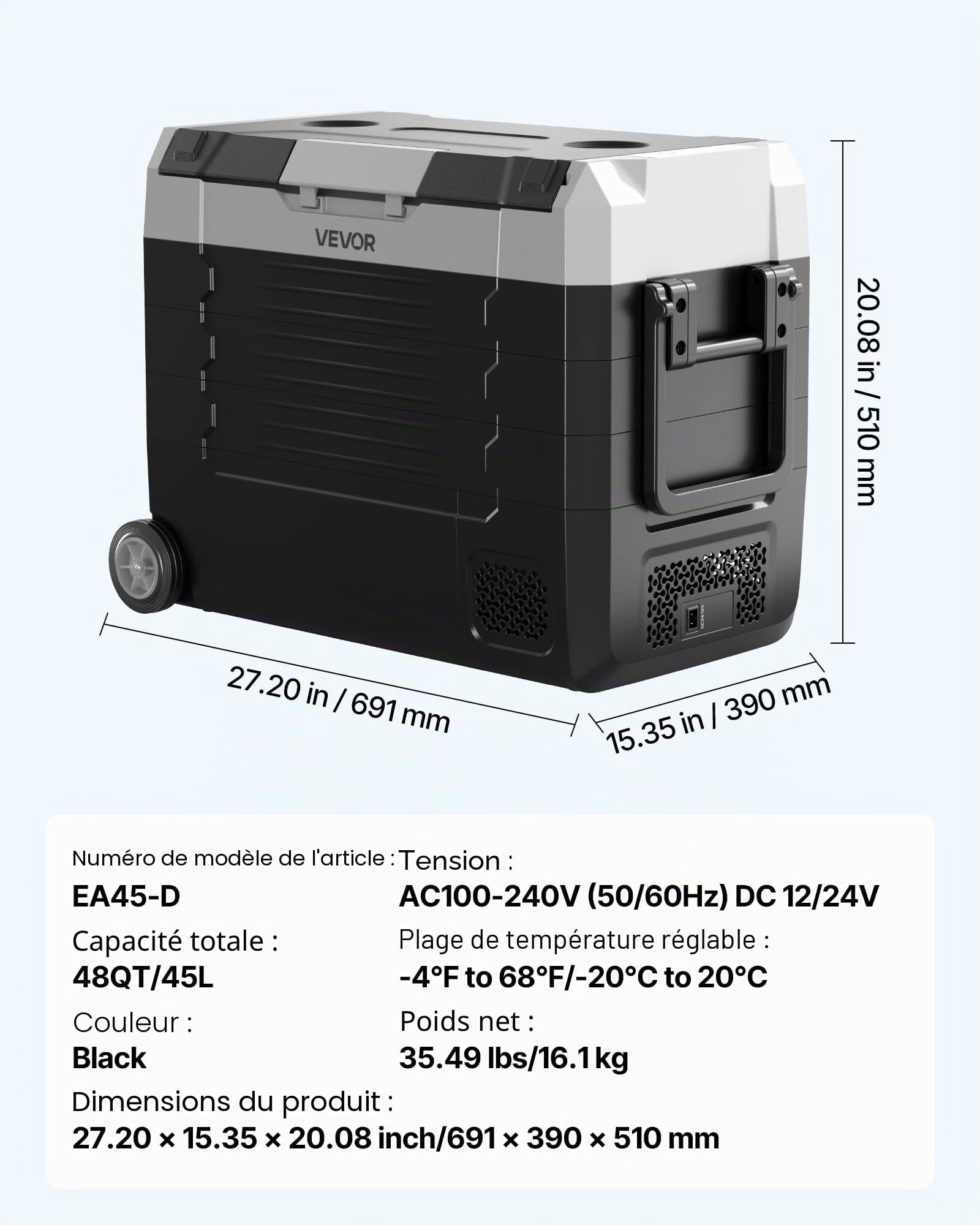 VEVOR Réfrigérateur Portable à Compression 45 L, Glacière Électrique DC 12/24 V et AC 100-240 V, pour Camping Pêche Caravane, Mini Frigo Voiture à Double Zone, -20 à 20 °C, Contrôle via Application