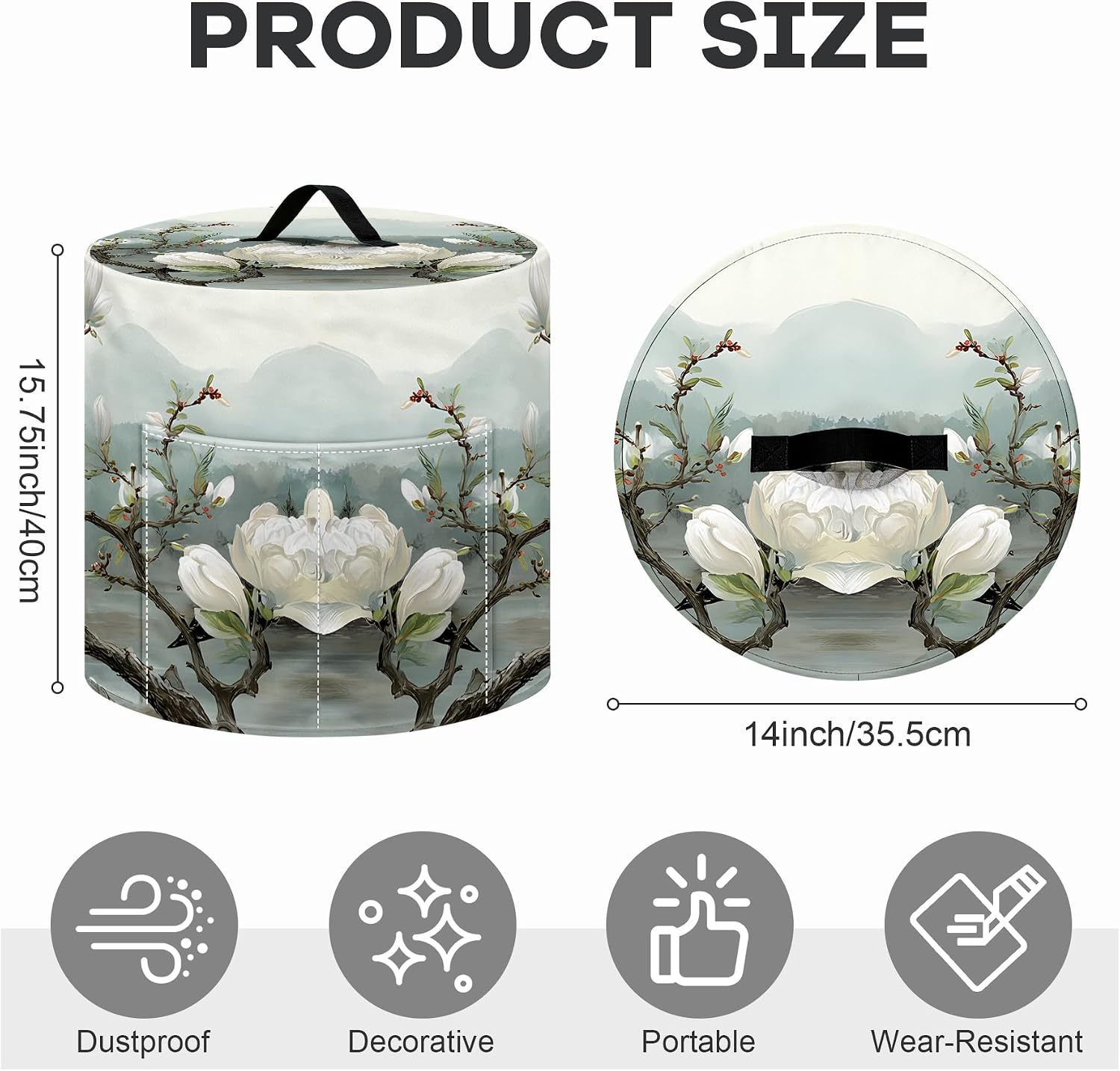 NYZE Magnolia Flower Kitchen Small Appliance Dust Cover for 6 Quart Pressure Cooker Slow Cooker, Decorative Covers with Top Handle & Storage Pockets