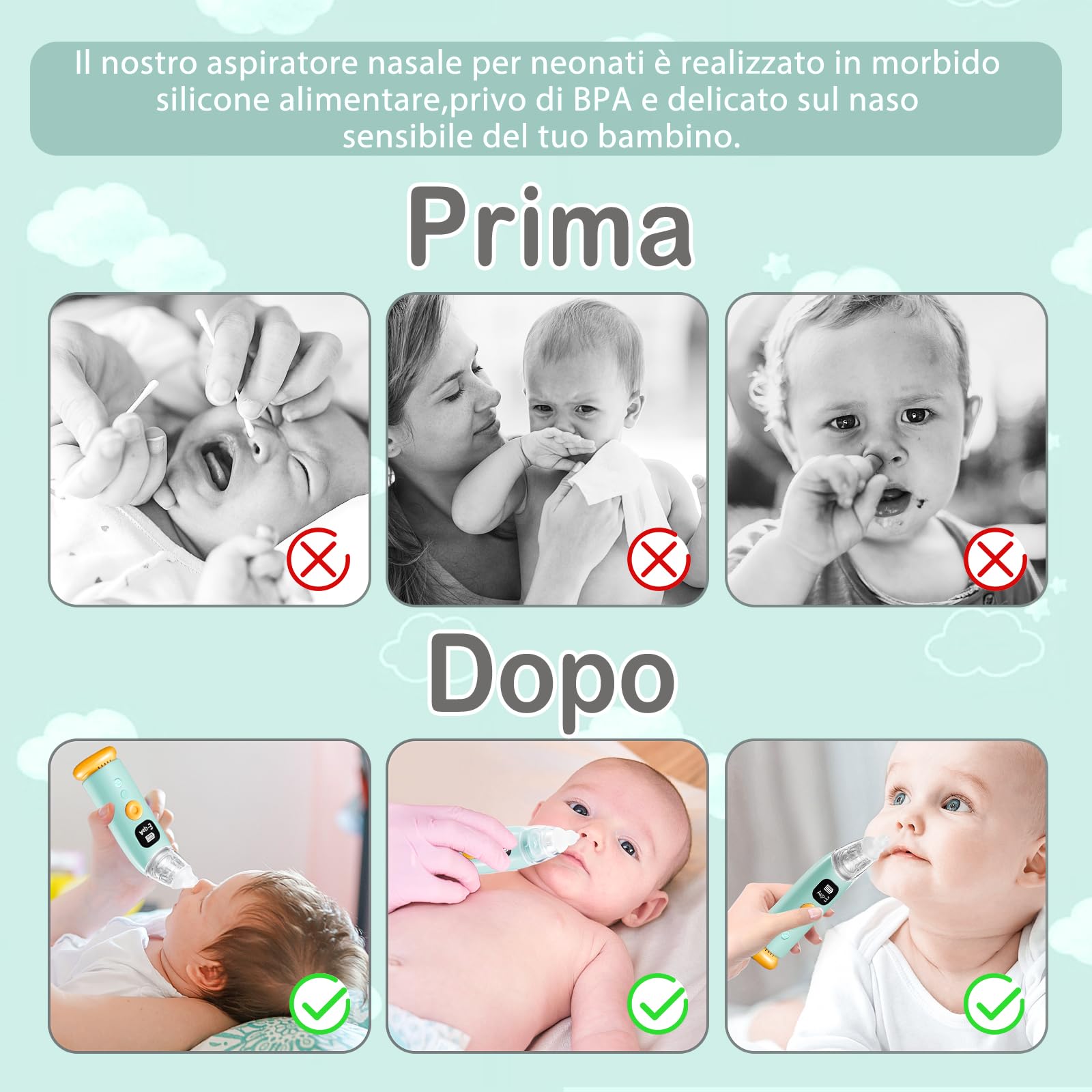 Aspiratore Nasale Elettrico per Neonati, 3 Livelli di Aspirazione, Punta in Silicio Morbida, Silenzioso, Antiritorno, Luci LED e Musica Rilassante,Aspirazione Sicura 25–60 kPa per Bambini e Neonati