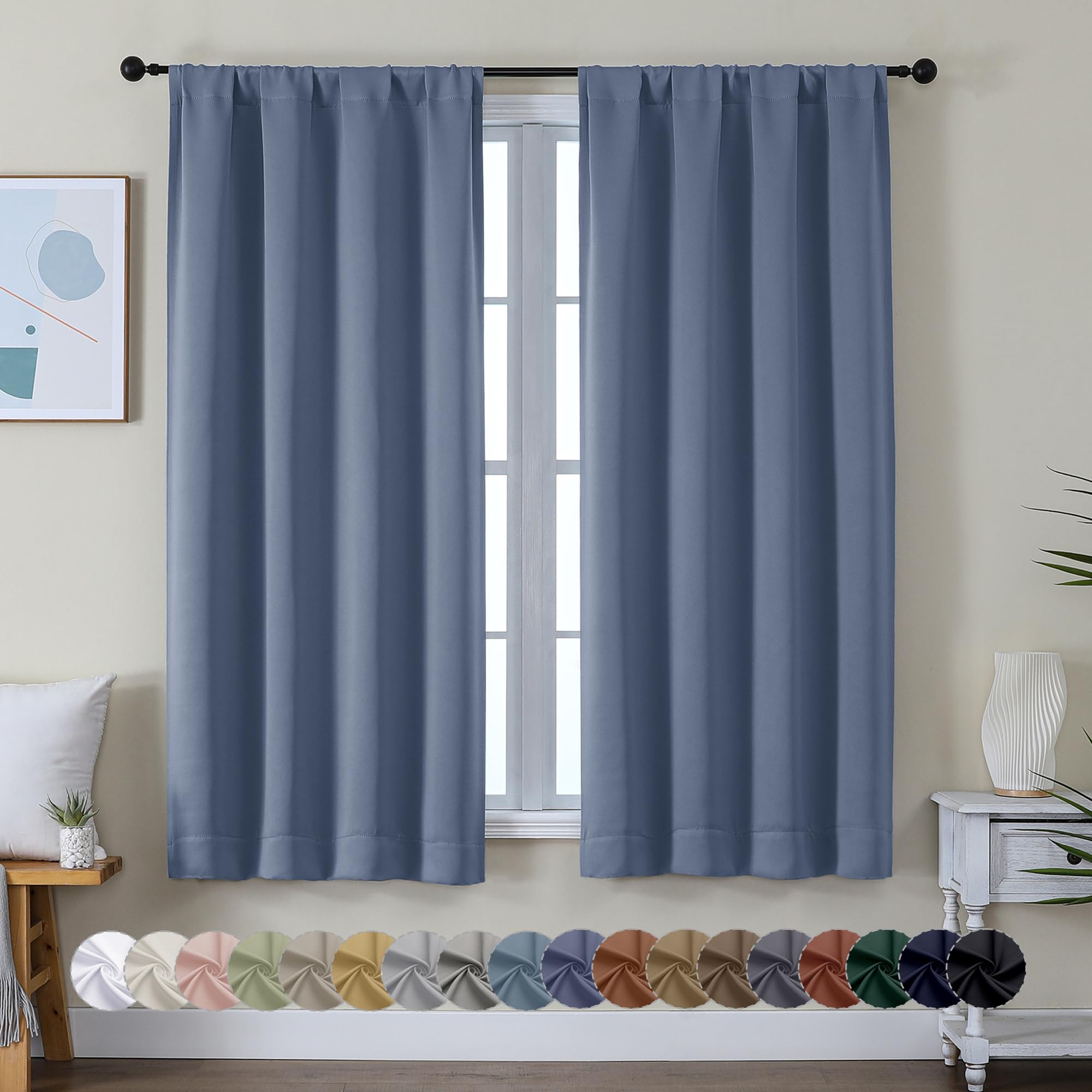 Simplebrand Ava Denim Blue Blackout Curtains for Bedroom 63 Inch Length 2 Panels, Solid Thermal Insulated Energy Saving Rod Pocket Window Treatment