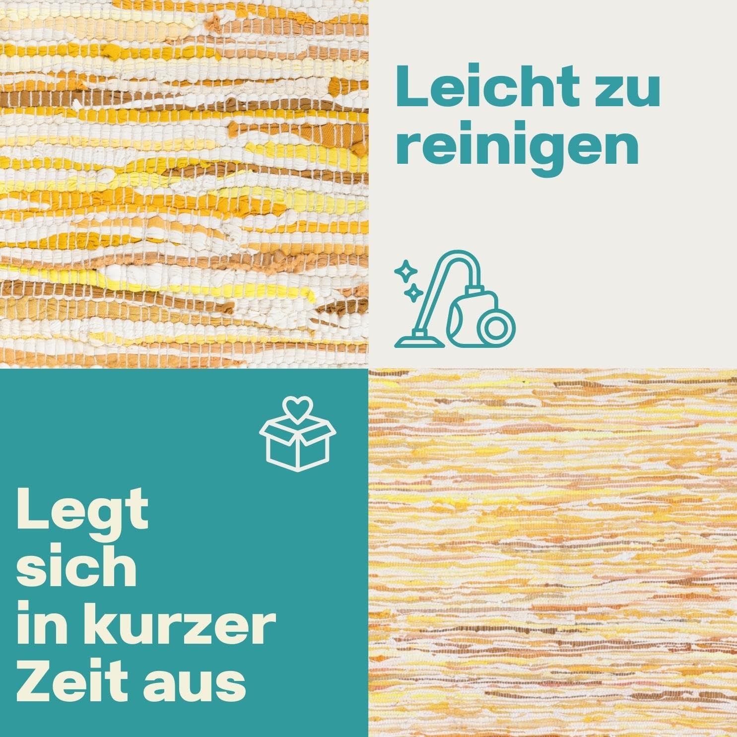 MY-RUG Handgewebter Baumwollteppich - Flickenteppich 140 x 200 cm - Gelb | Handgefertigter Fleckerlteppich aus recycelter Baumwolle, bunter Boho Teppich im Chindi-Stil, robust & wendbar