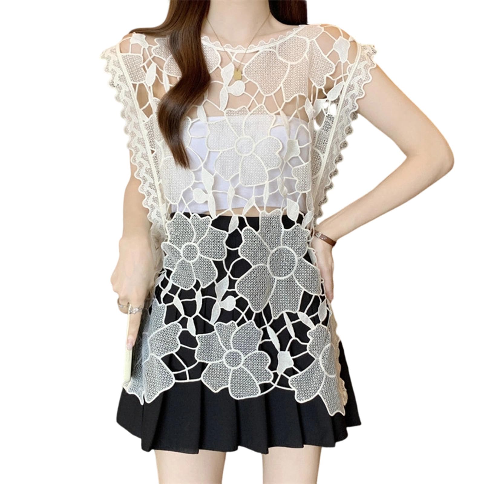 Canottiera Svuotata da Donna Sexy Trasparente Senza Maniche con Ricamo Floreale Top Estivo Boho Pullover