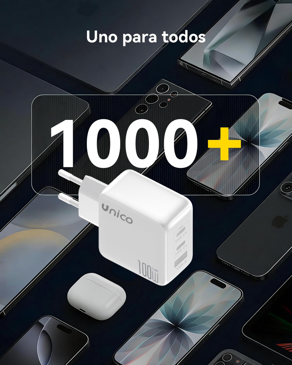UNICO Cargador USB C 100 W, Carga Rápida Multidispositivo con 3 Puertos, Compatible con Samsung Galaxy S25/S24/S23,iPhone 17 Pro MAX Air/16/15/14/13, MacBook Pro/Air, iPad y Steam Deck