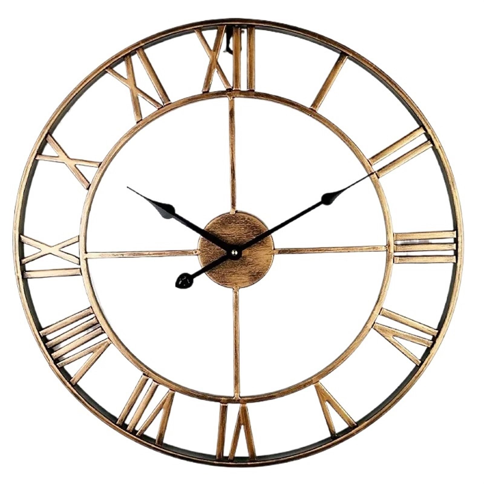 VFDVSWZSA Stylish wall clock, Metal Numeral Retro Iron Round Face Black Gold Large Outdoor Garden Clock For Home Decoration(Bronze Iron Clock)