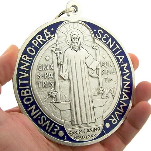 Miniatura 2 de Medalla de San Benito con esmalte rojo y azul, 4 pulgadas, Plata, N A