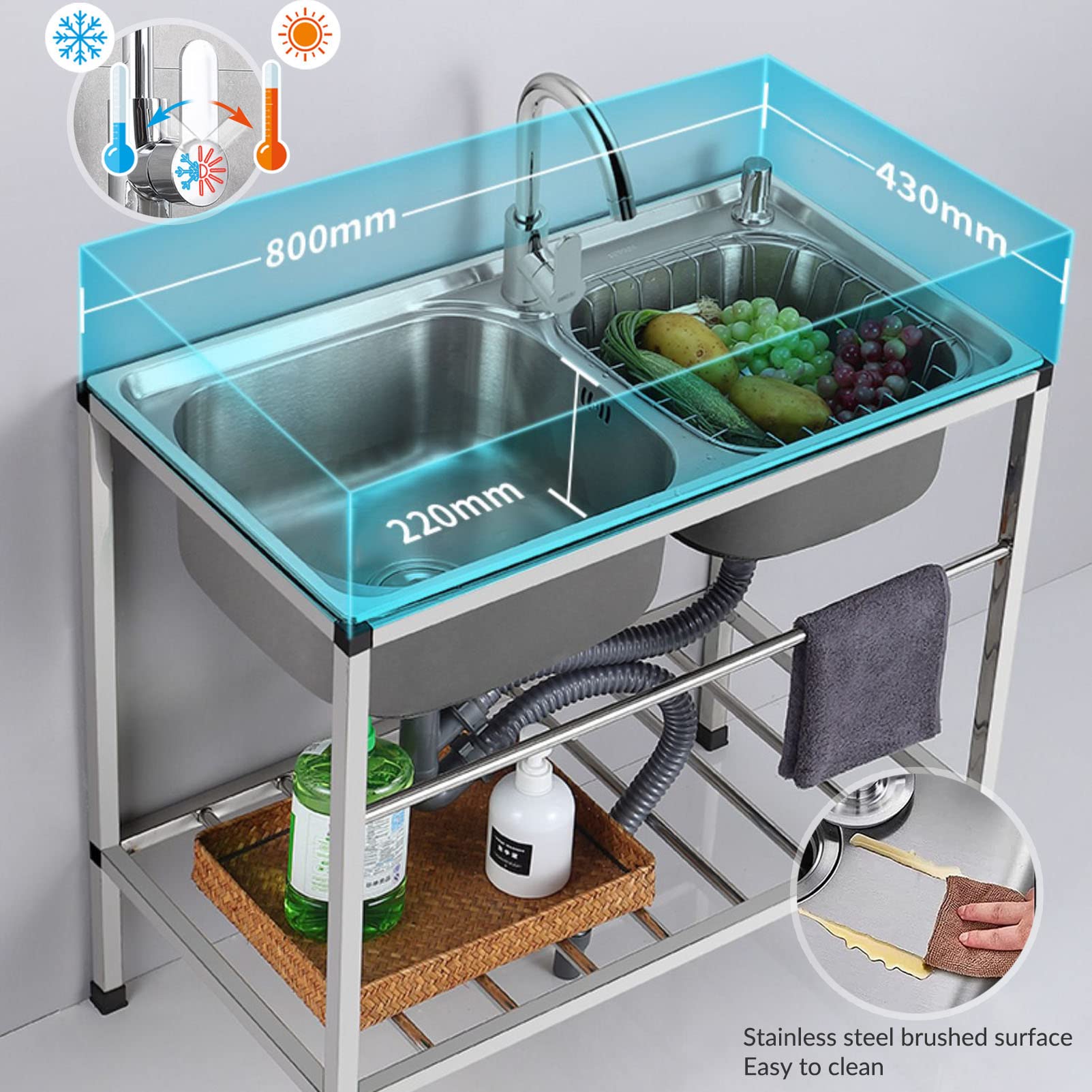 Évier Utilitaire Double cuve en Acier Inoxydable 304 avec étagère de Rangement, Robinet extérieur sur Pied pour buanderie