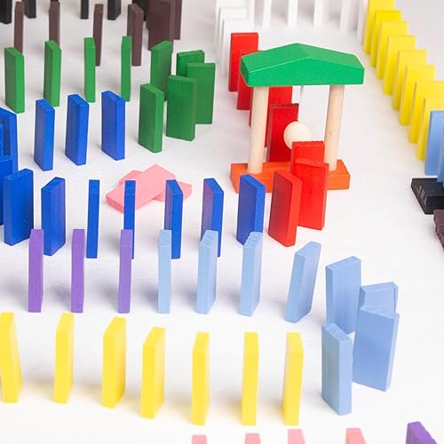 Miniatura 6 de MCPINKY Juego de 204 bloques de dominó, kit de inicio de dominó de madera colorida, bloques de dominó de carreras, juego de azulejos de carreras,