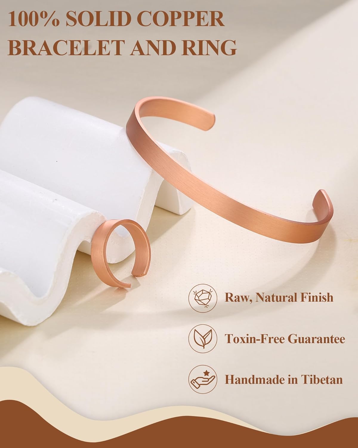 Pure Copper Bracelet and Ring Set – Copper Bracelet for Men & Women – 100% Solid, Raw & Uncoated Handmade Hammered Tibetan Cuff Bangle - Image 2