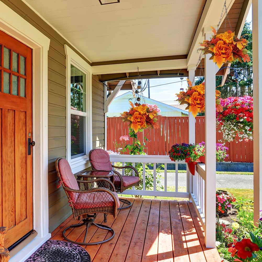 2 Pcs Artificial Fall Hanging Flowers Plants Basket for Outdoors,20 in Hanging Baskets with Fall Flowers-Orange Yellow Daisy,Maple Leaves and Berries,Autumn Fall Patio Garden Yard Decor (A)