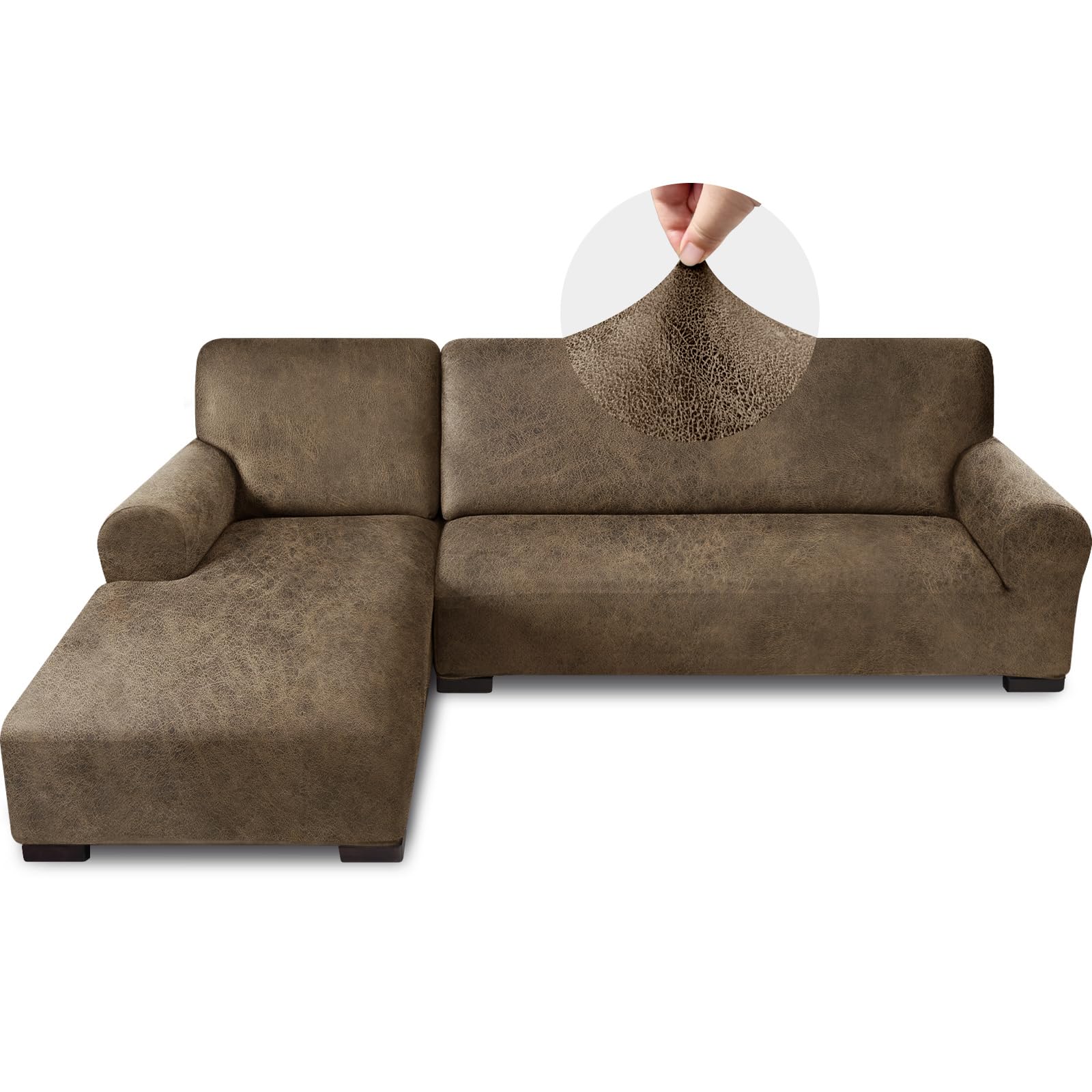 Pfrstuv Sectional Couch Covers, Leather Look Sofa Cover L Shape 2PCS Soft Stretch Slipcover for Sectional Sofa, Non Slip Furniture Protector (3 Seat