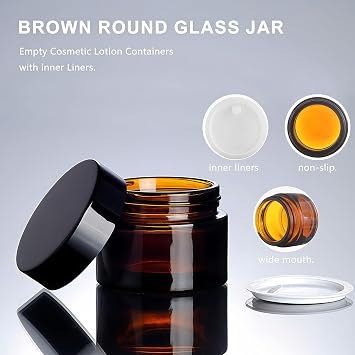 2PCS 120ML 4 oz Large Capacity Empty Refillable Brown Glass Face Cream Storage Packing Jar Pot Bottle With Black Cap For Cosmetic Make Up Sample Lip Balm Lotion Food Container